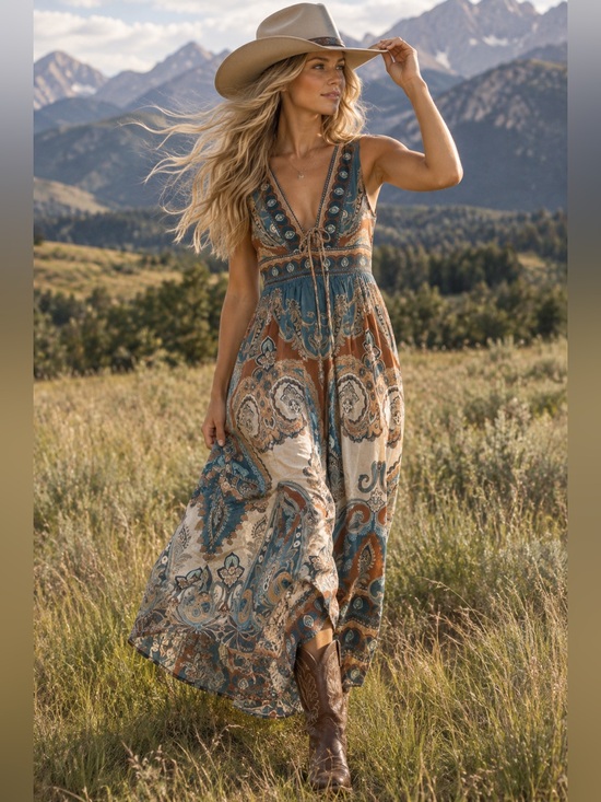 Caroline Constas Dresses & Skirts - Caroline Constas brown blue paisley v neck Mahon maxi dress S ( Zimmermann FR